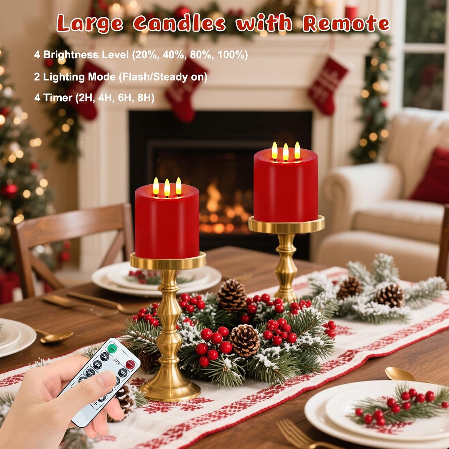 VEEKI Large 3 Wick Flameless Candles Set of 2, 4"x4" Flickering Flameless Candles with Remote & Timer, Dimmable Real Wax LED Candles Battery Operated, Electric Pillar Candles for Home Christmas Decor