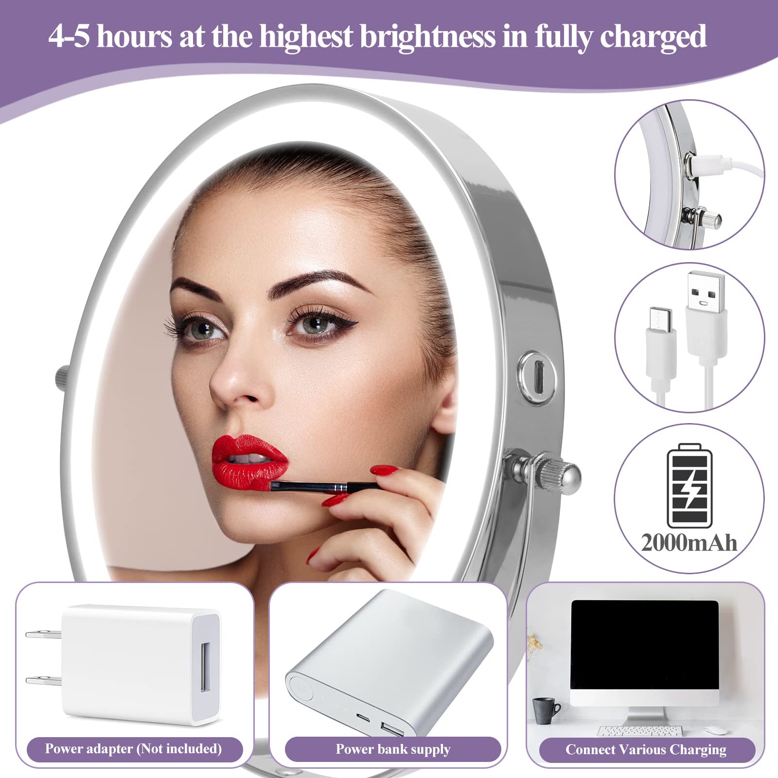 Espejo de maquillaje con luces y aumento, brillo ajustable de 8 pulgadas, aumento 1X/10X, rotación LED de 360°, espejo de tocador para mujer