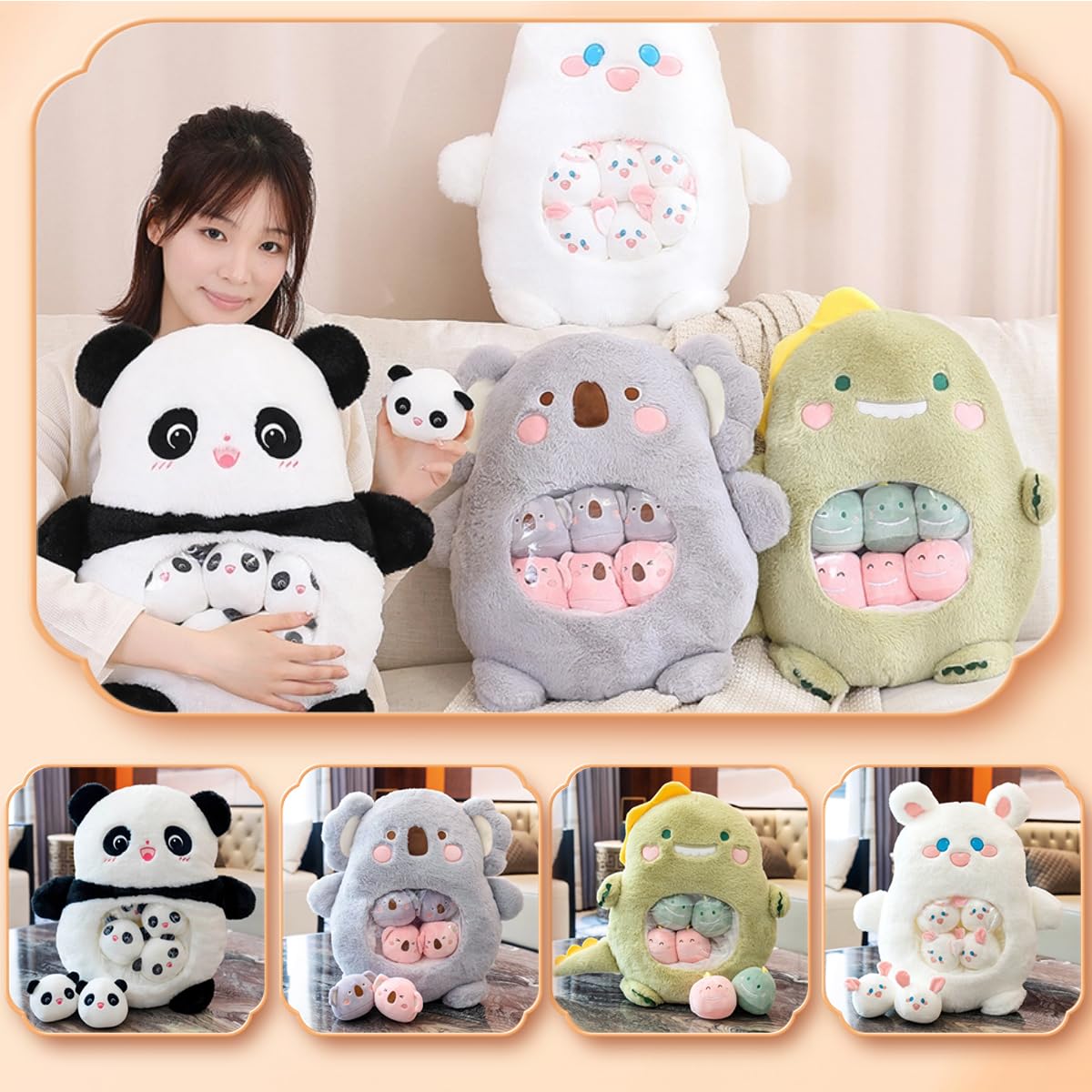 Peluche Panda avec 6 bébés Pandas Amovibles - Coussin Pelucheux, Jouet Doux et câlin, Meilleur Cadeau pour Les Filles, Les Enfants et Les Amateurs de Pandas