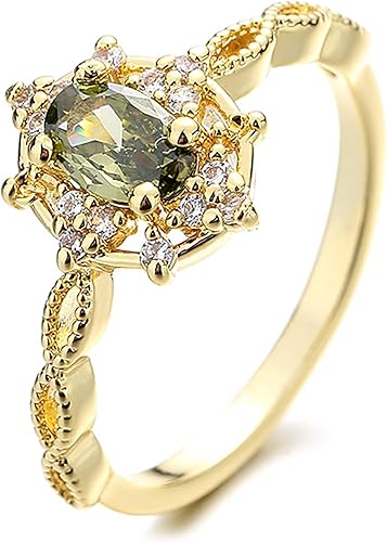 Anillo de plata de ley 925 chapada en oro estilo vintage para ella, piedra preciosa piedra natal verde peridoto CZ anillo delicado anillo de promesa