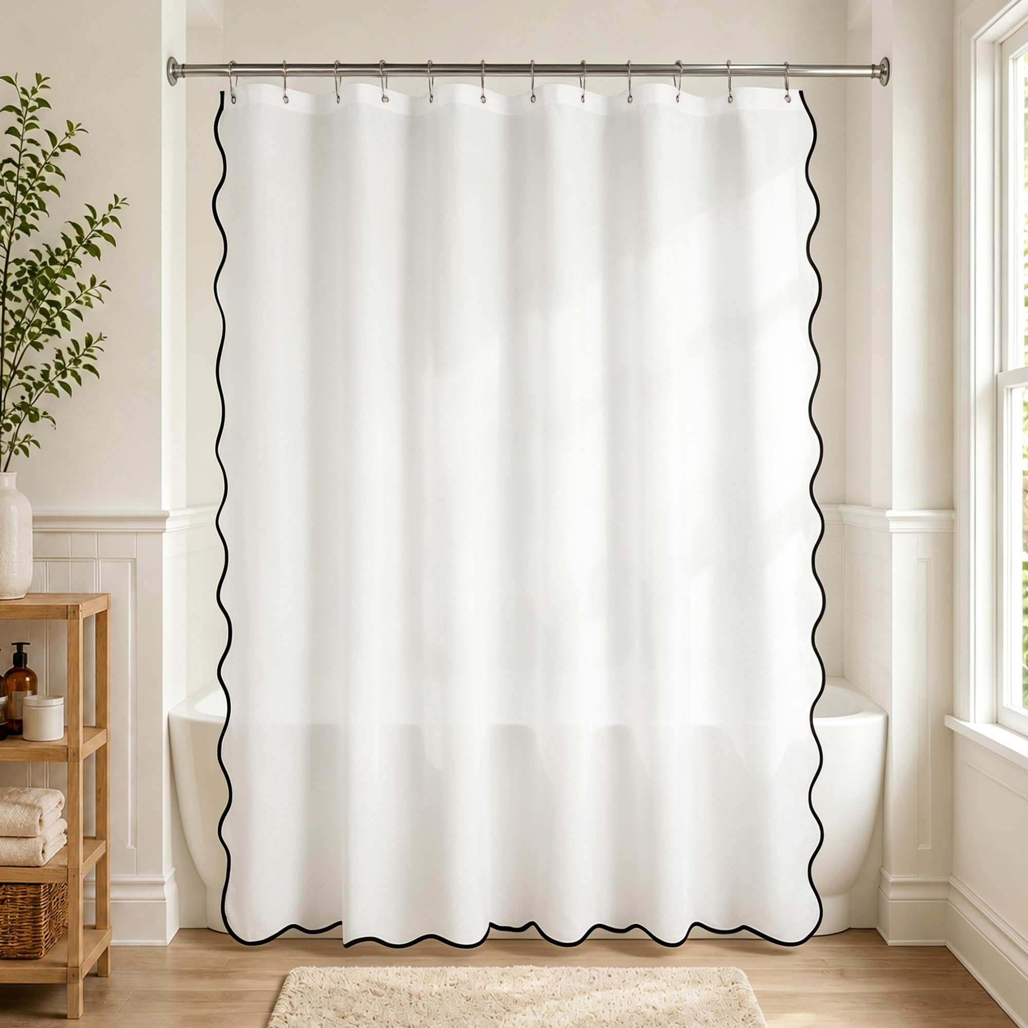 N&amp;Y HOME Fabric Shower Curtain or Liner White with Black Scalloped Edge