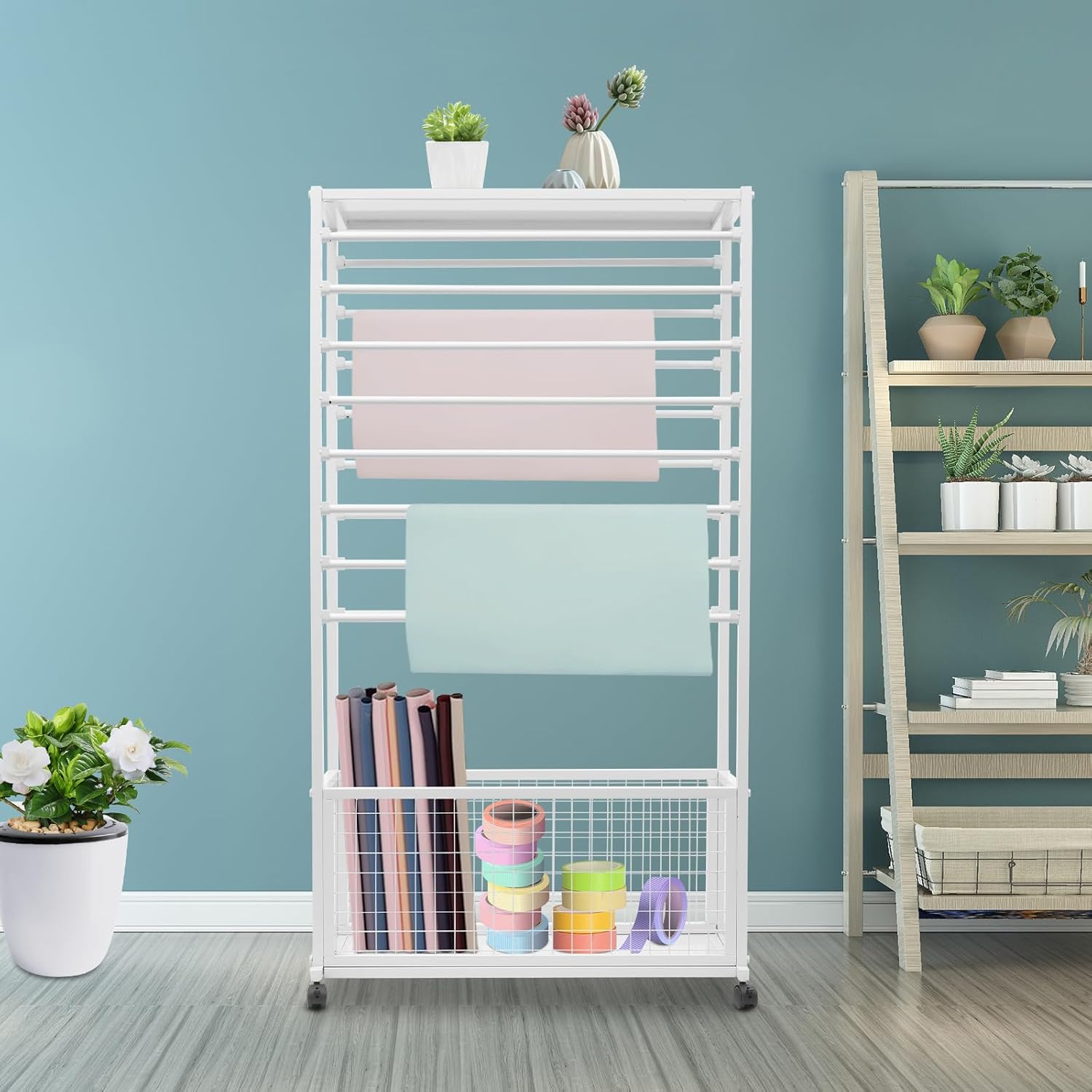 TFCFL Double-Sided 16-Tier Ribbon Holder Organizer Rack, 31.5" W Metal Ribbon Display Stand with Storage Basket and Wheels, Multifunctional Flower Wrapping Paper Storage Stand for Craft Rooms (White)