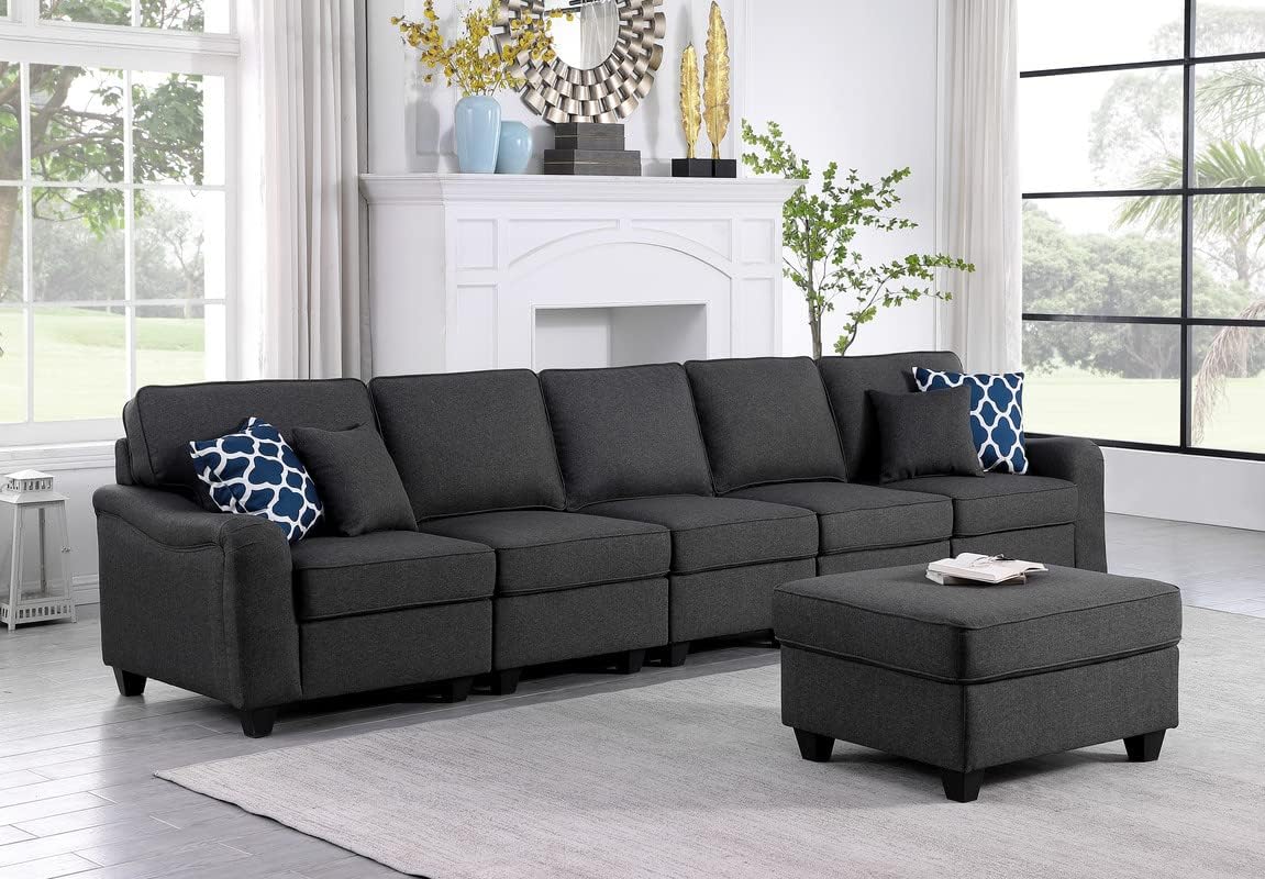 Blessington Contemporary 6 Seater Sofa and Ottoman in Linen Fabric (Dark Gray)