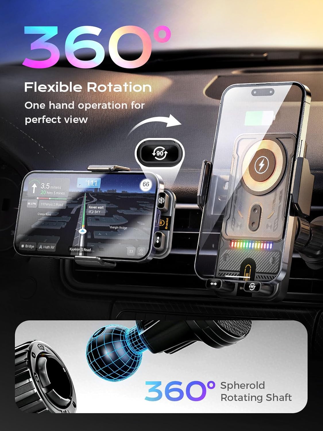 Phone Holders for Car, Cell Phone Mount 15W Wireless Car Charger with Induction Opening and Closing Air Vent Phone Stand with Smart Screen Rotation for Car Truck Accessories iPhone Samsung