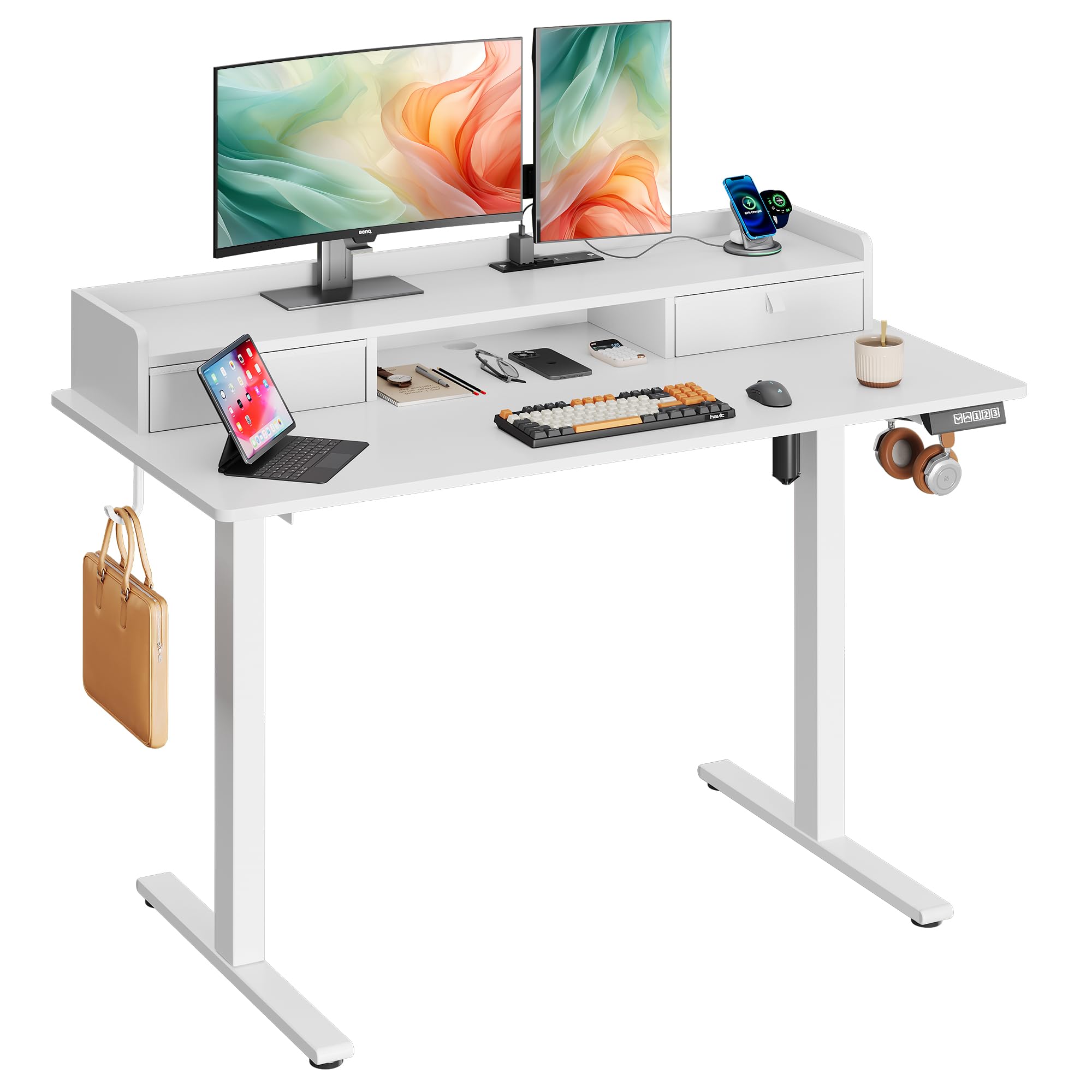 DEVAISE Electric Standing Desk with Storage,120×60 cm Office Table Adjustable Height with Three Memory Function, Two Drawers, Two Power Outlet and USB, Gaming Desks for Home Office, White