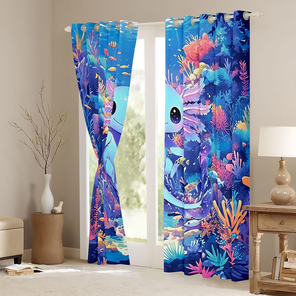 Homemissing Tende oscuranti Axolotl blu con motivo animali marini, tende oscuranti per camera da letto, decorazione per camera da letto, stile cartone animato, oceano e vita marina, isolamento termico