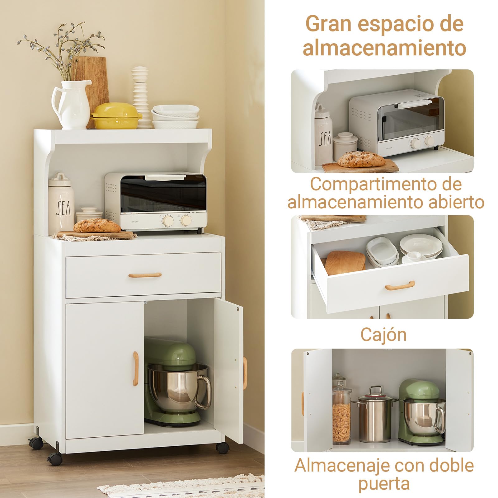 SoBuy Carrito Cocina, Mueble Auxiliar, Mueble microondas con cajón y Armario, Carro con Ruedas para almacenaje Cocina, Blanco, 62x119x40 cm FSB12-W