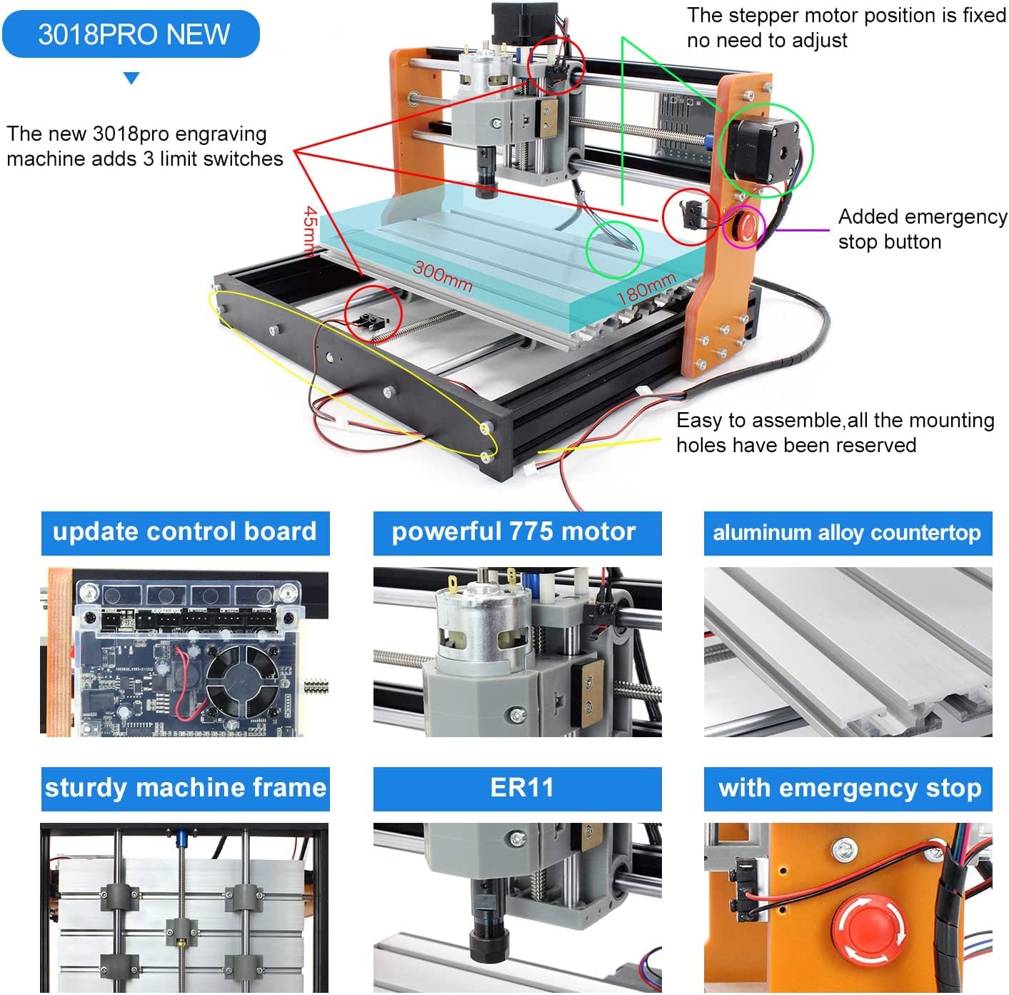 RATTMMOTOR CNC Fräsmaschine,UPGRADE 3018-Pro CNC-Fräs-Graviermaschine,3 Achsen CNC Router GRBL Steuerung,mit CNC Offline-Steuerung,mit X/Y/Z Achse Limiter+Not-Aus Funktion,für Acryl PVC PCB Holz