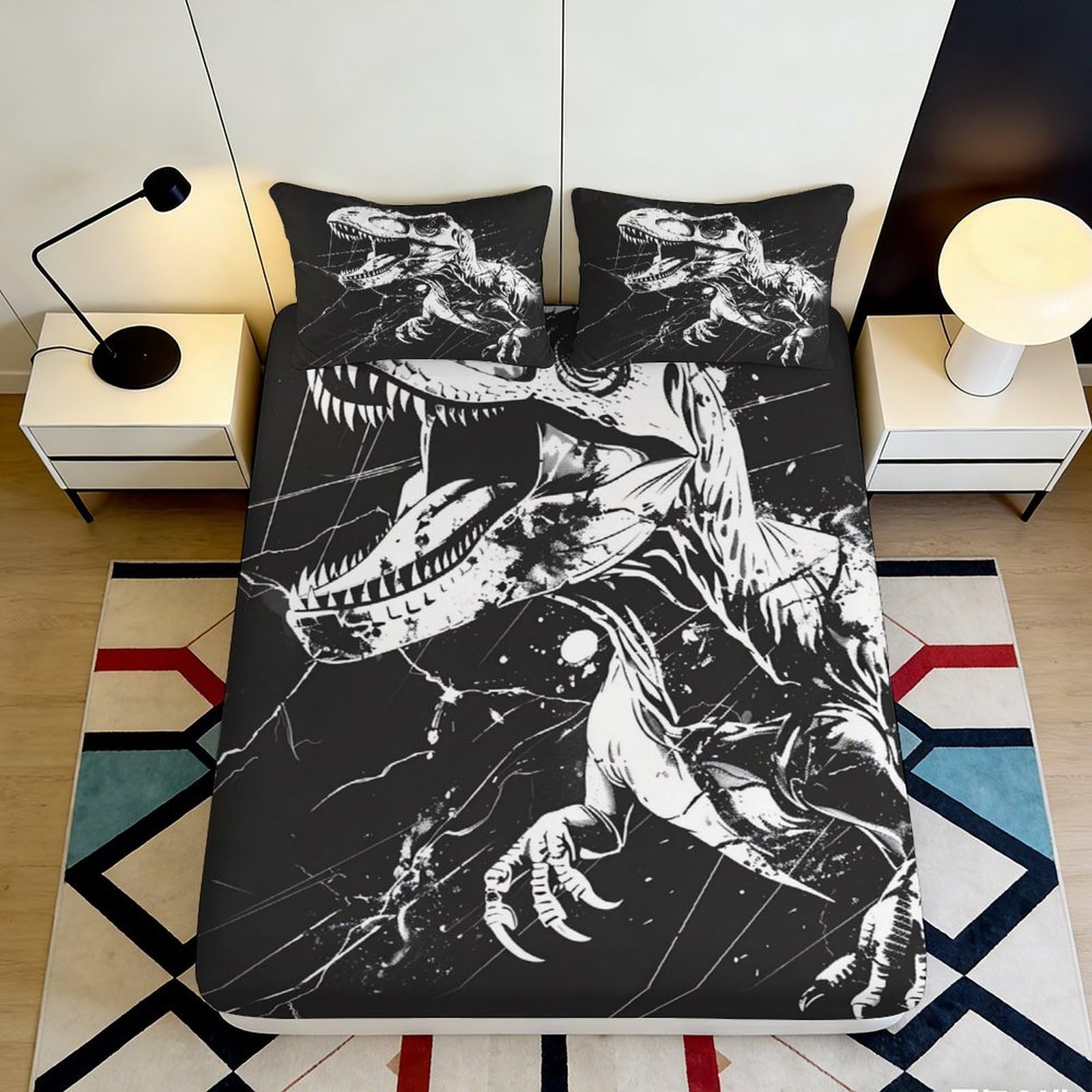 3D Printed Dinosaur Skeleton Fitted Sheet Microfiber Black Bed Cover for Bedroom Dorm Mattress Protection Decor 90x200x25cm