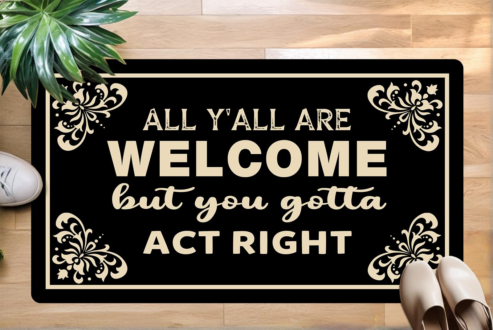 Funny Welcome Mats for Front Door – 'All Y'all are Welcome but You Gotta Act Right' Doormat, Indoor & Outdoor Entryway Mats, Non-Slip Doormat for Front Porch, 17x30 Inches