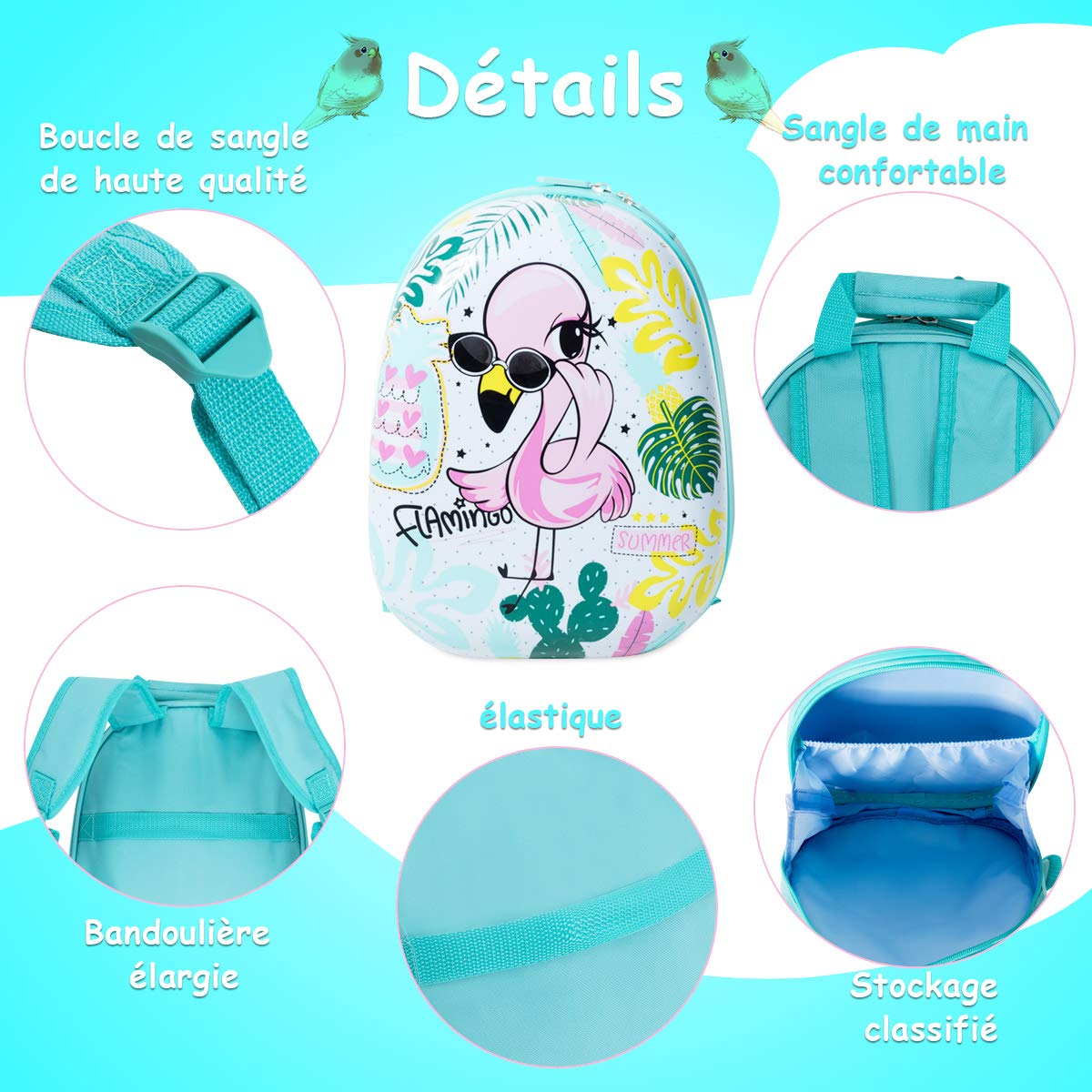 COSTWAY Valise Enfants à roulettes 16’’ & Sac à Dos 12’’ avec Poignée Télescopique, Bagage Enfants avec Motif Flamants, 4 Roues Rotatives, Lot de 2 Valise pour Fille Garçon