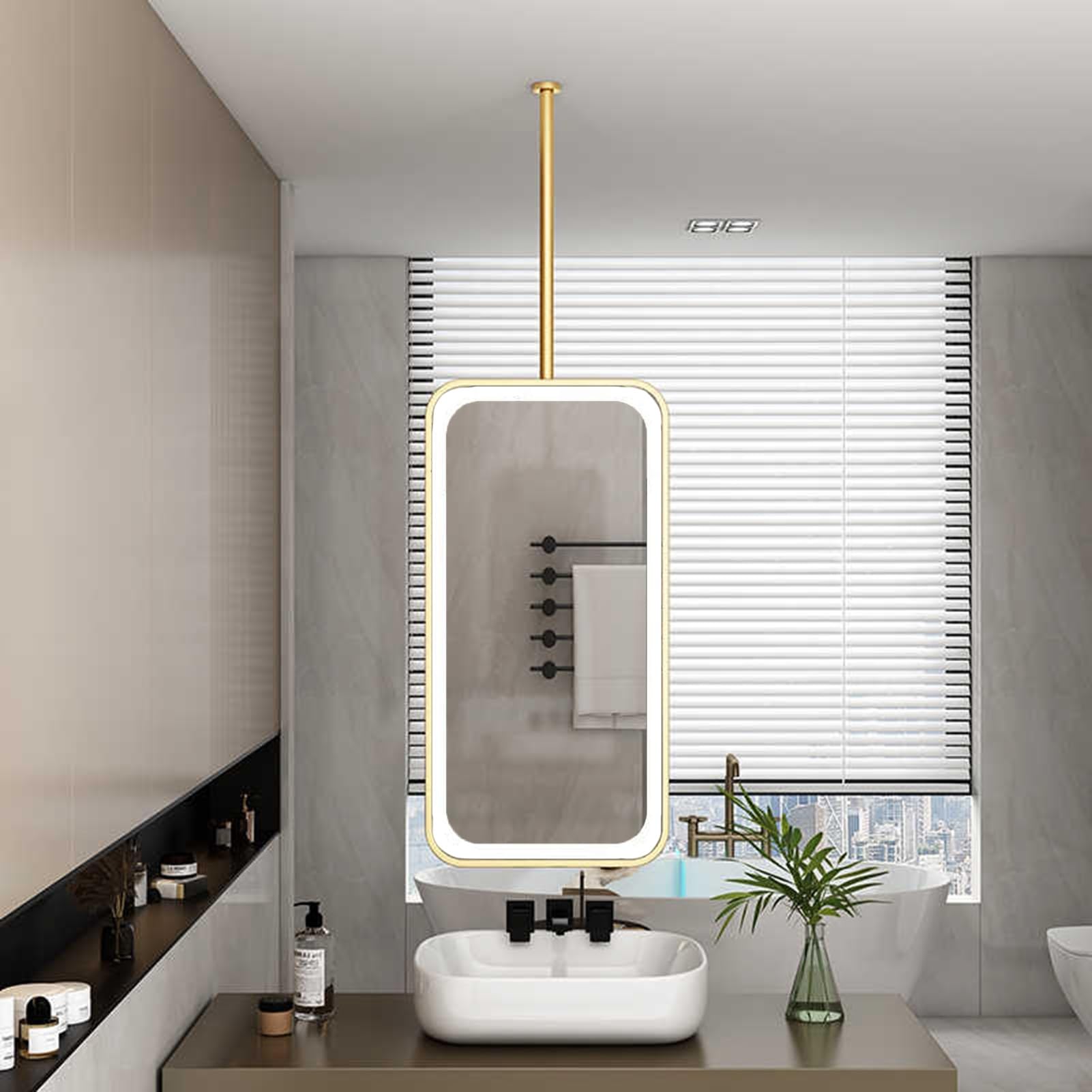 MESOVFCA LED Ceiling Mirror, Floating Square Bathroom Vanity with 3 Colors and Dimmable Lights, Suitable for Home Or Hotel(Gold,60x100cm)
