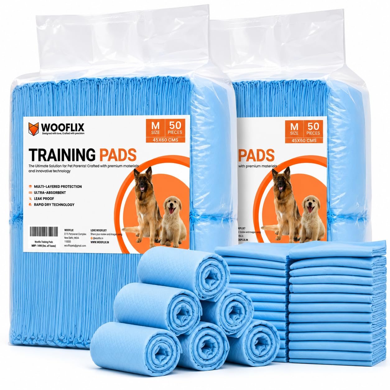 wooflix pee pads for adult dogs and puppies, super absorbent puppy training mats, leak-proof dog potty training pad, quick dry pet toilet sheets for indoor use, dog pee pad (m - 45x60cm, pack of 50)