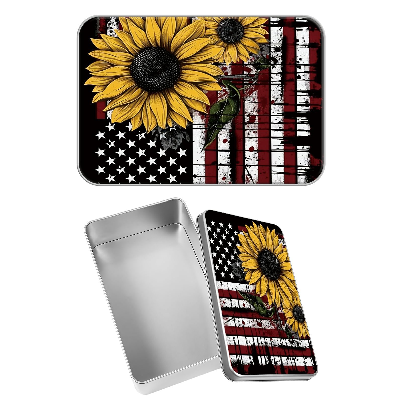 Rectangular Metal Tin Box with Removable Lid, Sunflower Flag Decorative Printed Metal Storage Container for Jewelry Pen Eraser Pill Candy Craft 4.9 x 3.54 x 1.57 inch– Single Pack
