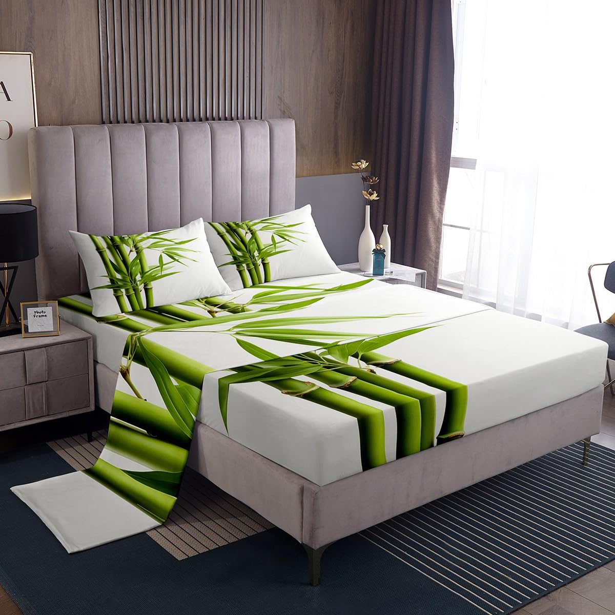 Feelyou Bamboo Pattern Sheet Set Twin Size Green White Bed Sheets for Teens Nature Plants Bed Set Nutrue