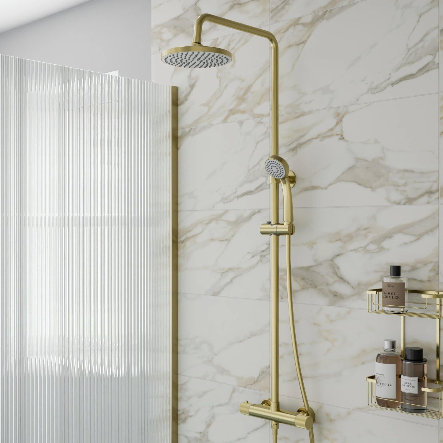Baystone® Fluted Thermostatic Mixer Shower Set with Rainfall Head Adjustable Riser Rail Handset Hose Exposed Bar Valve Showers Round, Brushed Brass