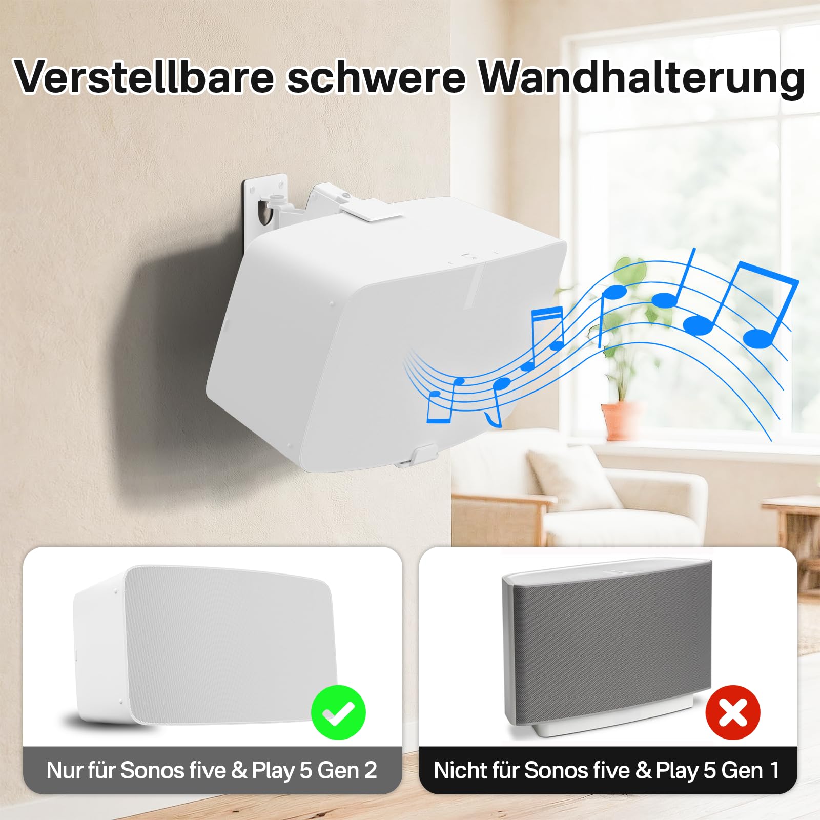 Lot de 2 supports muraux pour haut-parleur Sonos Five & Sonos Play 5 Gen 2 - Inclinables et pivotants - Construction en métal stable jusqu'à 15,9 kg - Avec coussinets anti-rayures - Matériel de