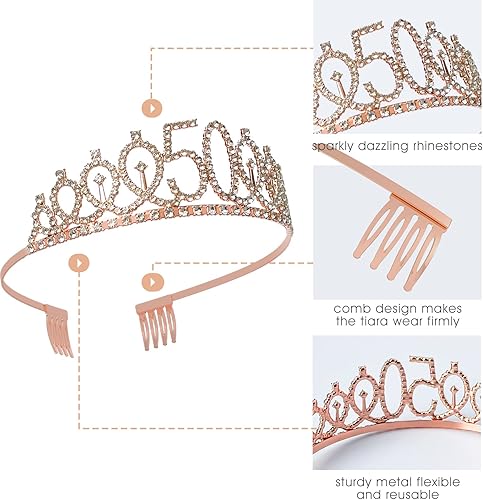Miniatura 2 de Juego de tiara de banda de 50 cumpleaños y diamantes de imitación, regalos de cumpleaños de 50 años para ella, decoraciones de fiesta de 50