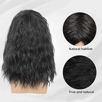 Mens Black Wig Mid Length Curly Hair, Long Wave Wig For Men,Handsome Mens Cosplay Wigs For 70s 80s Fancy Dress Daily Costume Party Halloween (Black)