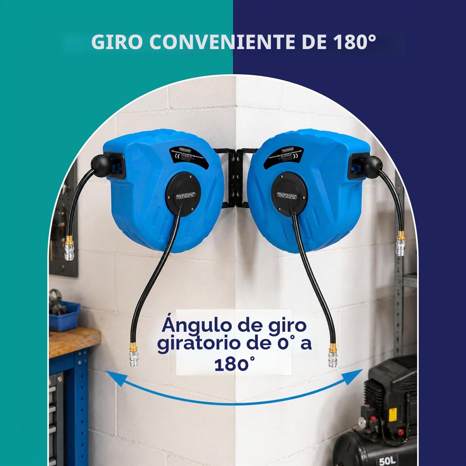 Monzana Carrete de Manguera Automático de 10m Soporte de Pared Aire Comprimido Conexión 1/4' Portamanguera
