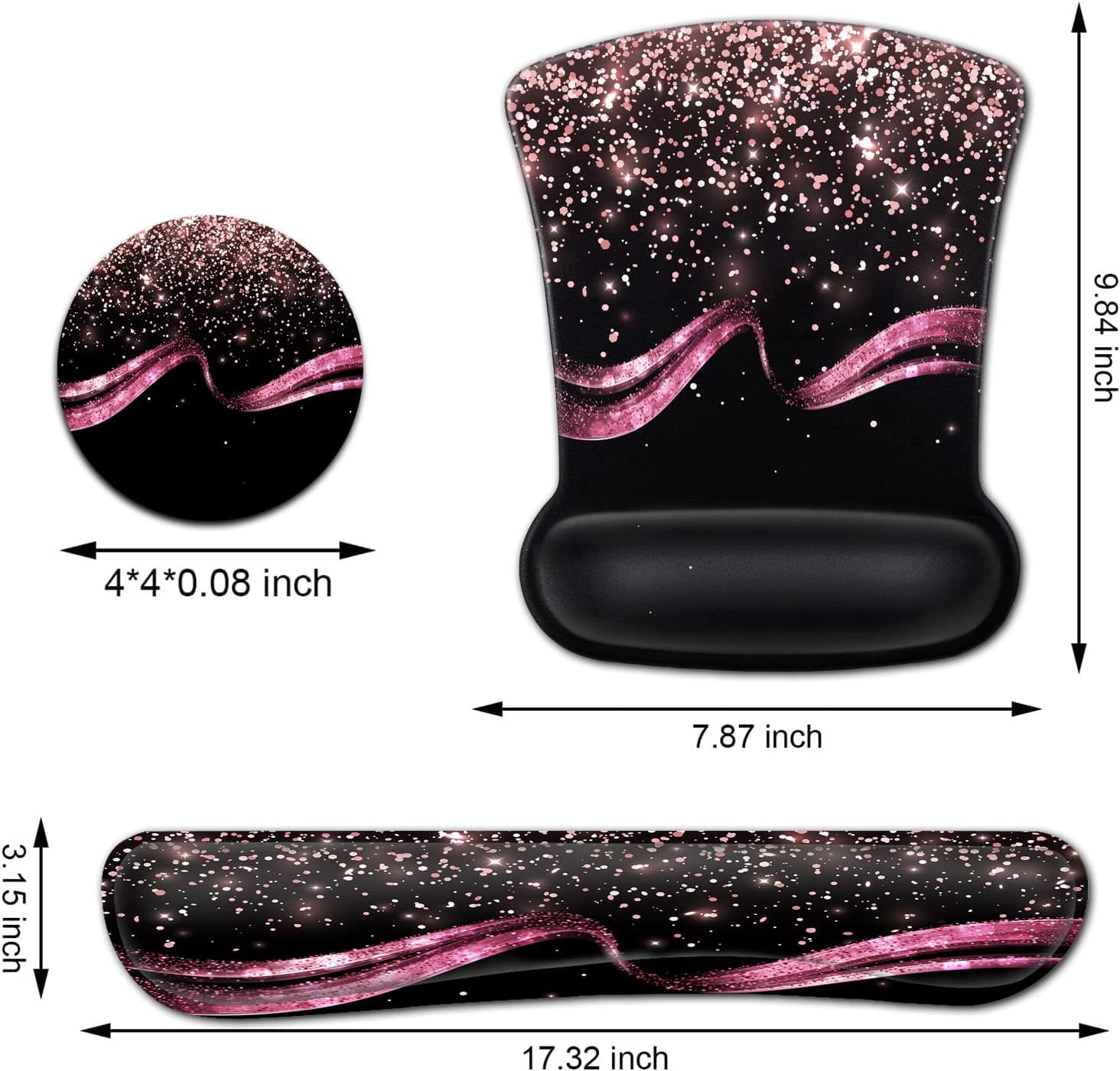 Ergonomic Mouse Pad and Keyboard Wrist Rest Set with Wrist Support and Nonslip Base Office Desk Pad Gel Wrist Easy Typing, for Laptop, Home,Working, Rose Gold Sparkle Pattern Black Gaming Mouse Mat