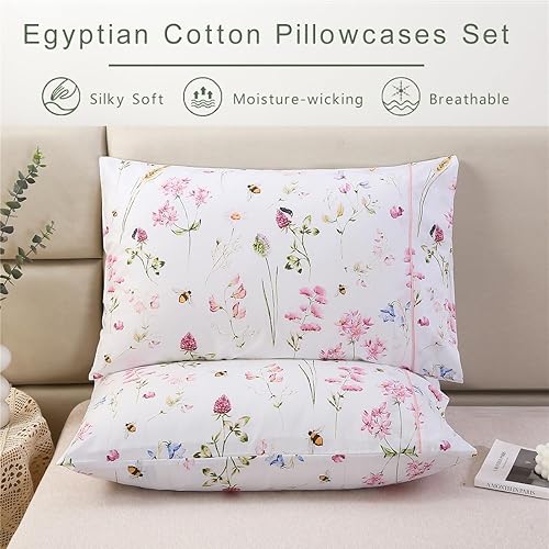 Miniatura 2 de URBONUR Juego de 2 fundas de almohada 100% algodón tamaño estándar con estampado de abejas y flores rosas de jardín, fundas de almohada suaves y
