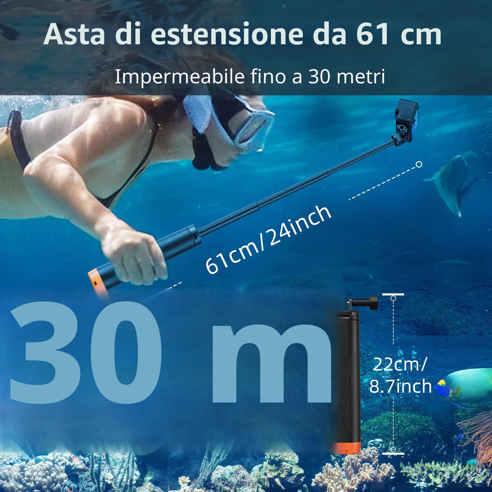 Galleggiante Monopiede Grip mano Treppiede impermeabile estensibile Selfie Monopiede per Go Pro Hero 13,12, 11, 10, 9, 8, 7, 6, 5, 4, 3, DJI Action 5 Pro 4/3, Videocamera d'azione