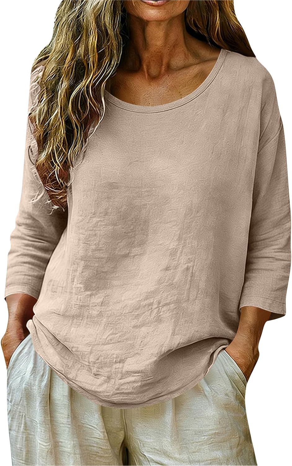 Womens 3/4 Sleeve Cotton Linen Shirts Round Neck Casual Loose Fit Solid Color Blouses Spring Summer Fashion Tops