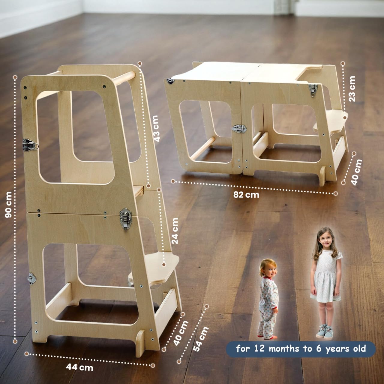 Convertible 2-in-1 Kids Kitchen Stool & Table/Chair, 1-6 Years Wooden Standing Tower with Safety Feet, Montessori Kitchen Step Stool, (Coated)