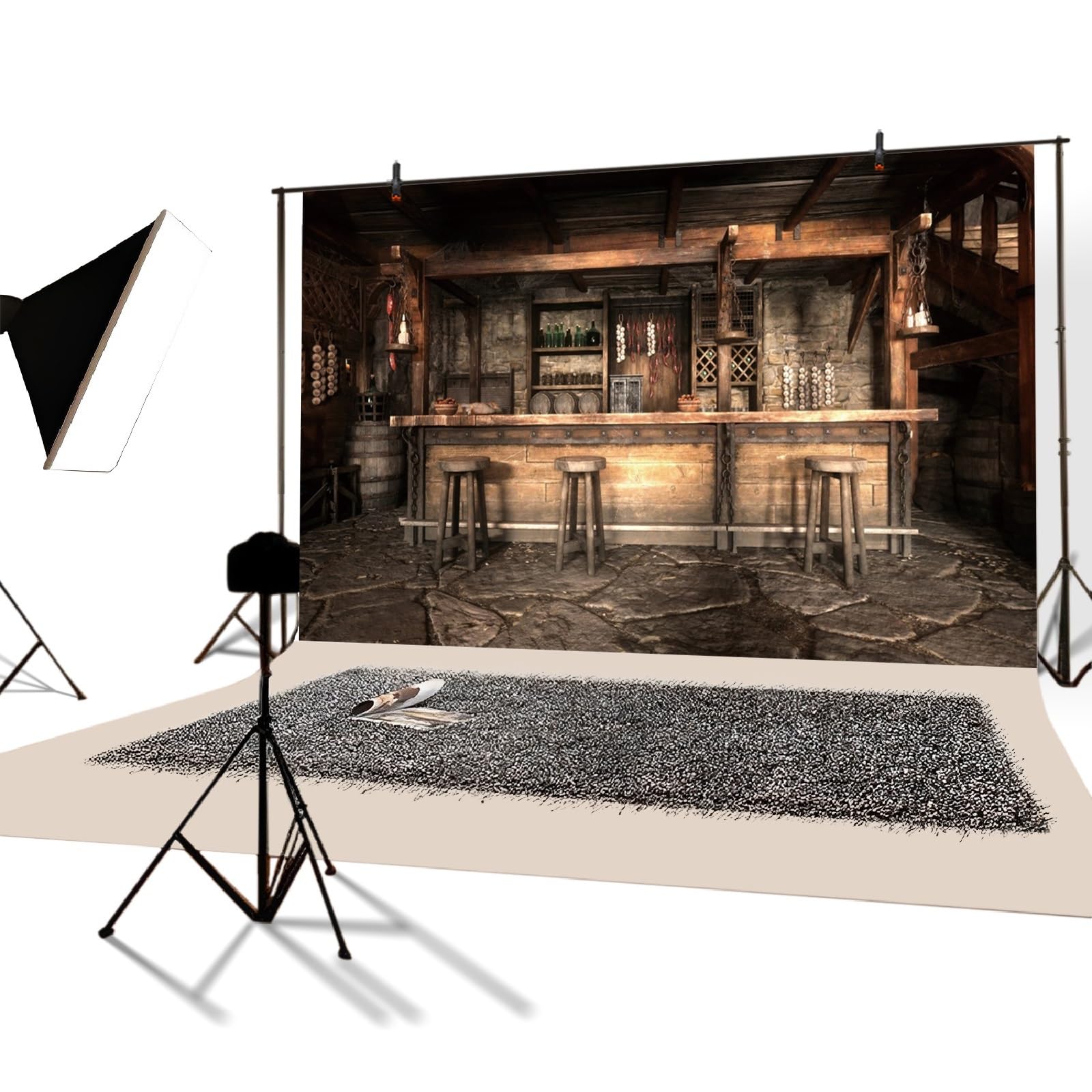 YongFoto 3,5x2,5m Tavernenbar Hintergrund Mittelalterlich Rustikales Saloon-Interieur Holzhocker Steinboden Hängende Kerzen Fotohintergrund für Kinder und Erwachsene Western-Cowboy Foto-Requisiten