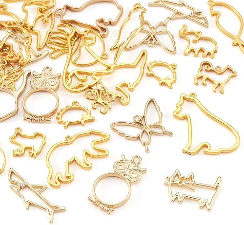 Miniatura 7 de Pandahall - 32 colgantes de aleación con diseño de animales, diseño de mariposa dorada, búho, gato, perro, pájaro, elefante, marco en blanco, dijes