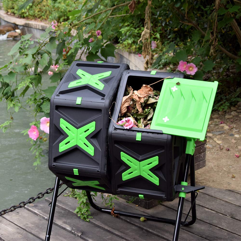 Tumbling-Komposterbin, Doppelkammerkompost Tumbler mit Easy-Turn, schnell arbeitendes System für Garten, 140L, Schwarz & Grün