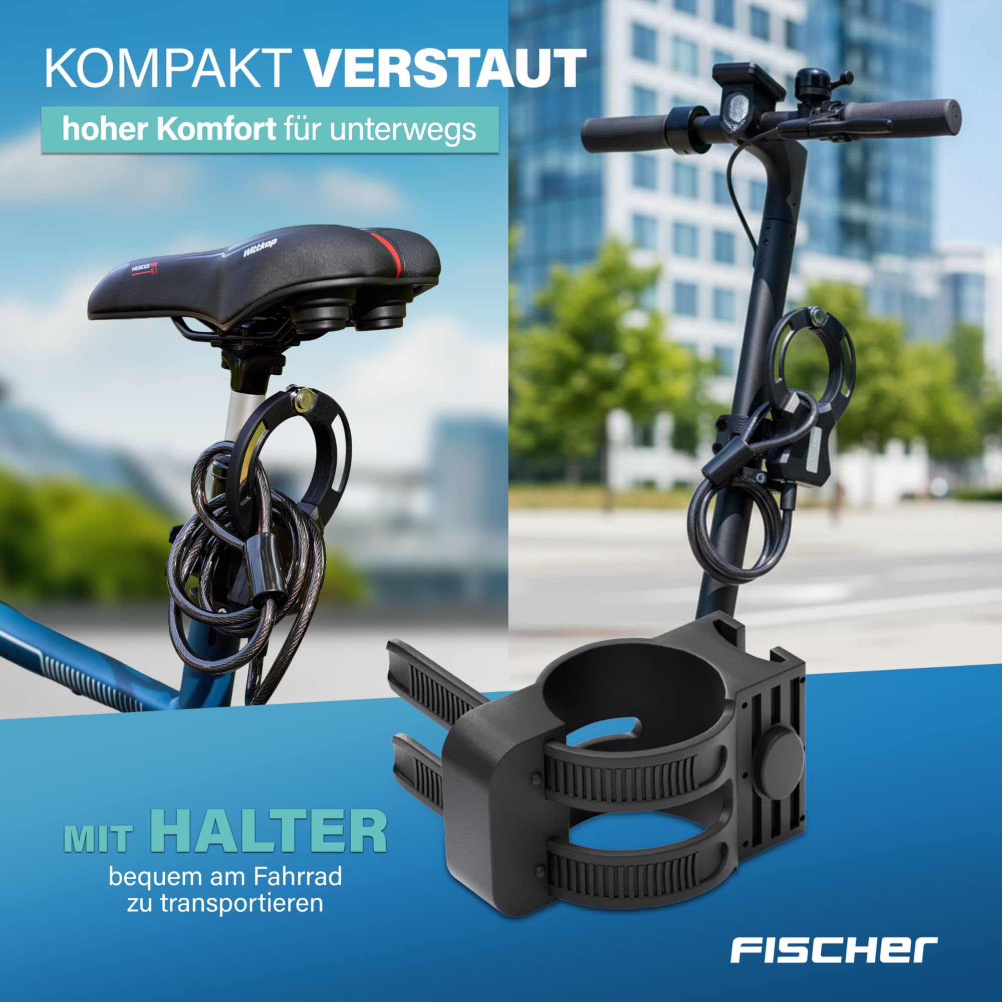 FISCHER Lucchetto a spirale per bicicletta, 120 cm, nero, con supporto, lucchetto con morsetto, per bicicletta elettrica, scooter elettrico