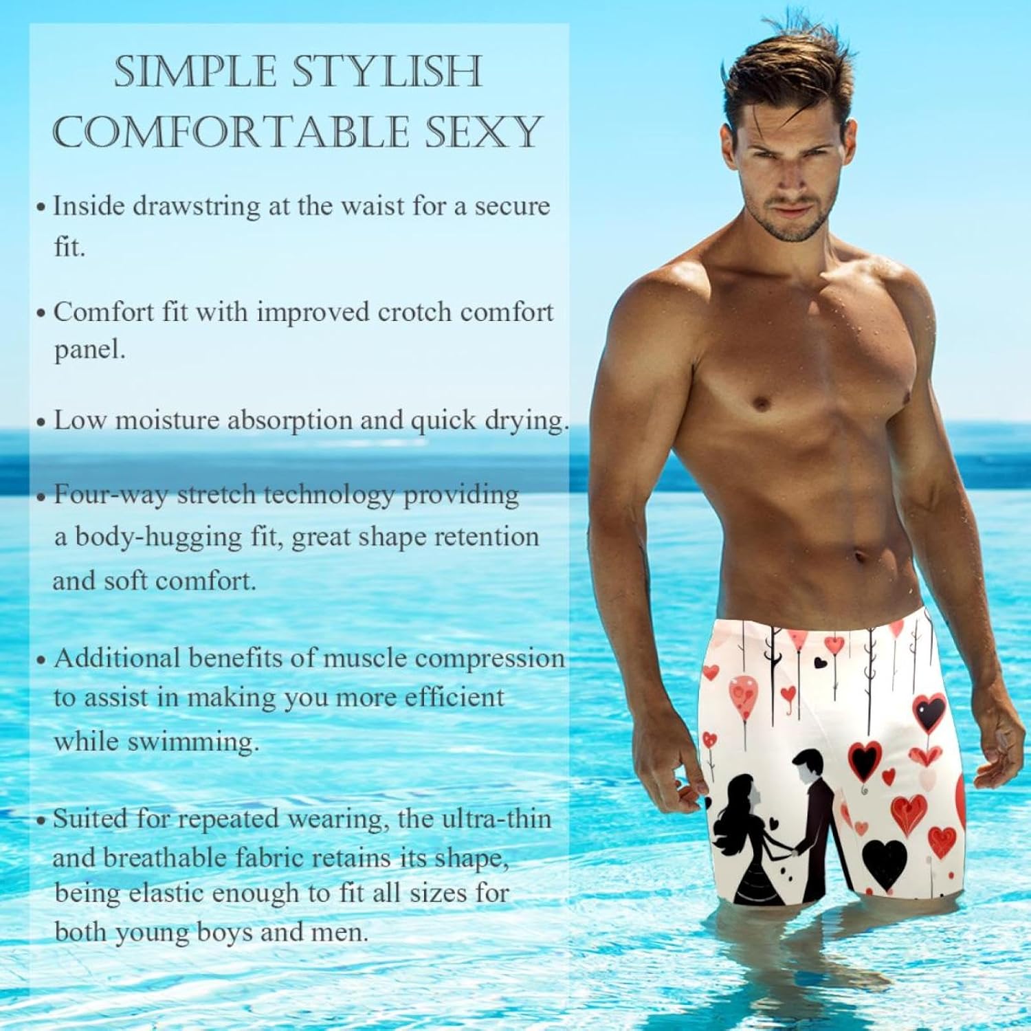 Valentine's Day Boys' Swim Jammers Youth Competitive Swim Team Suit Quick Dry Athletic Swimming Shorts Multicoloured