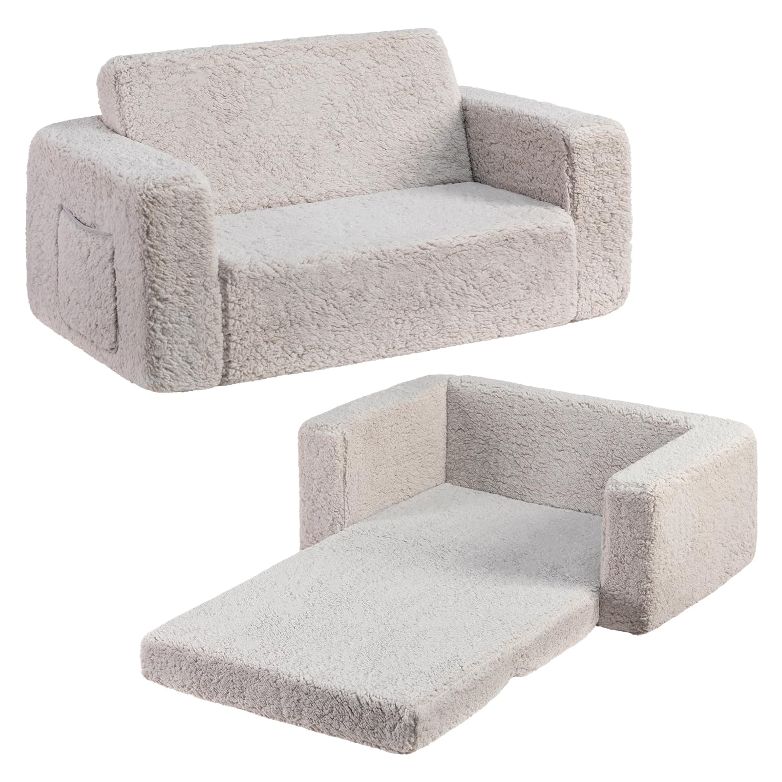 BEJOY Canapé-lit extra large 2 en 1 en Sherpa doux pliable pour tout-petits, lit convertible en chaise longue pour filles et garçons, gris clair