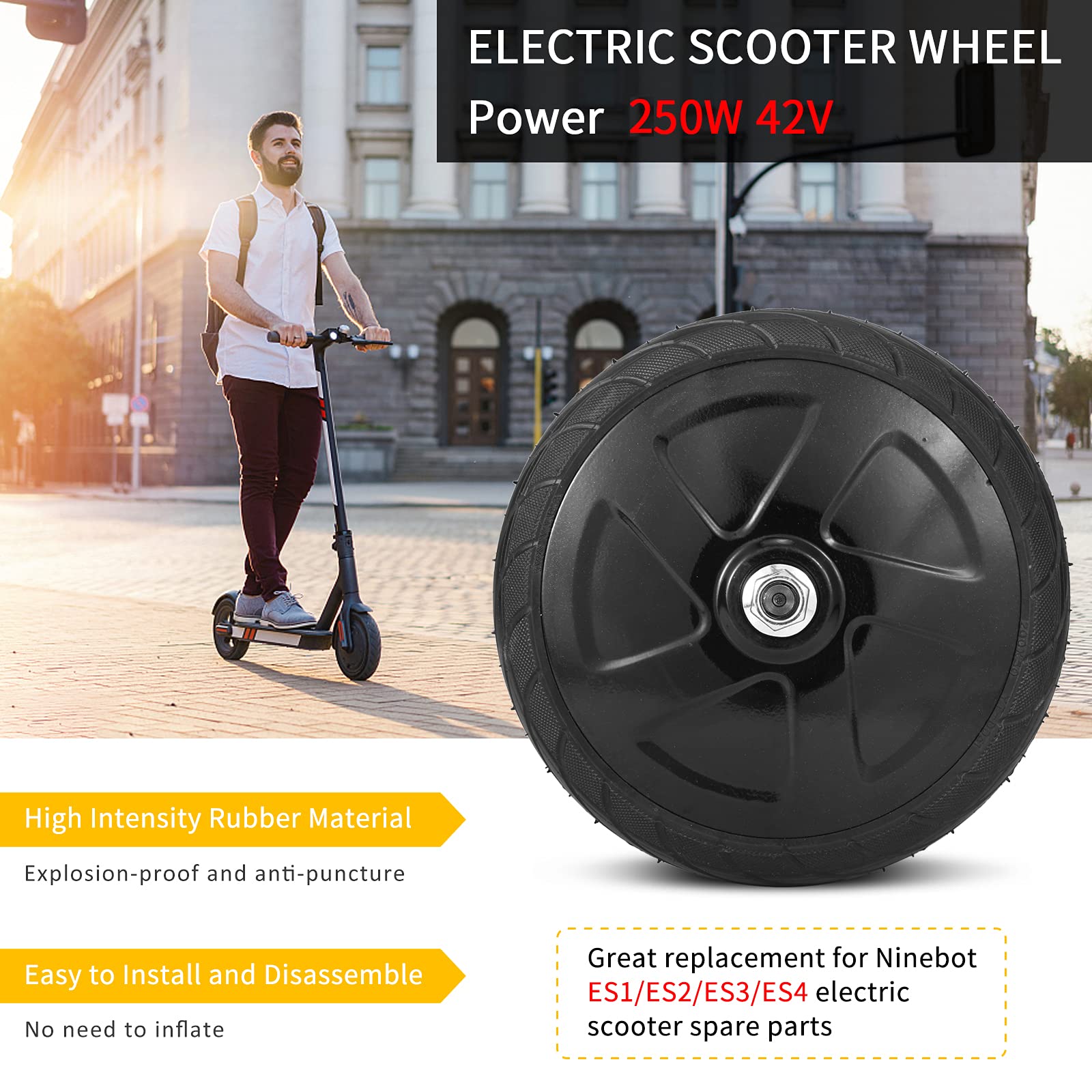 HUIOP Ruota per scooter elettrico, 250W, Motore anteriore, Pneumatico, Antiscivolo, per Ninebot ES1/ES2/ES3/ES4