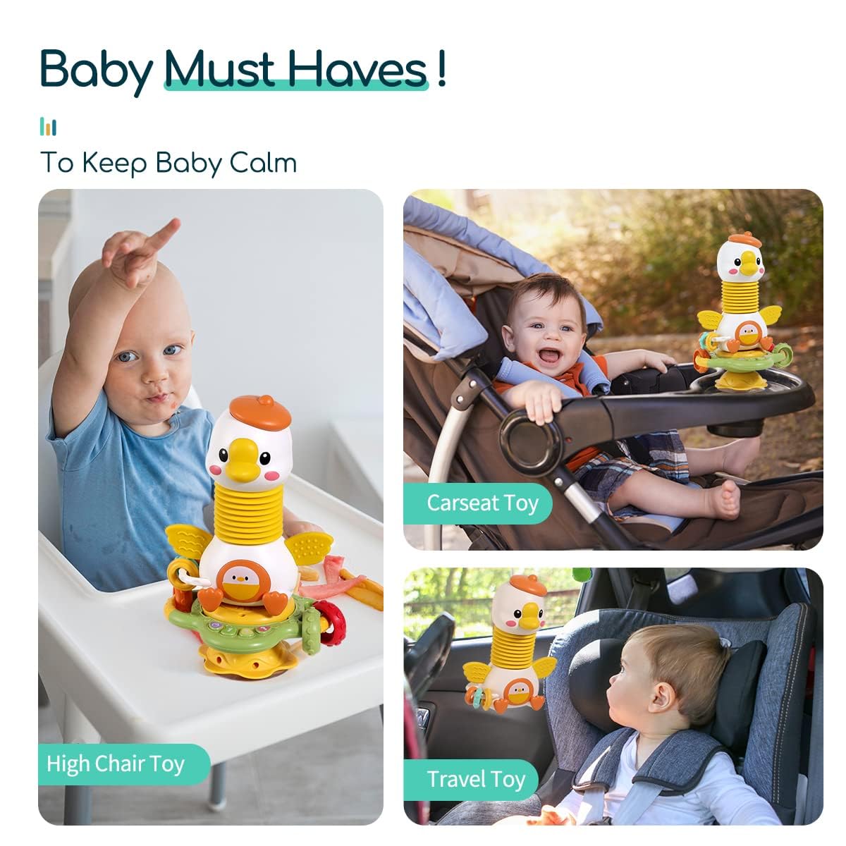 RUZARTH Goosey Giggles Baby Rattle Toy with Suction Cup - Musical Spinner Sensory Toy for High Chair & Table, Montessori Learning Toy for Babies 6-18 Months, Infant Activity Toy Best Gift for Kids 1