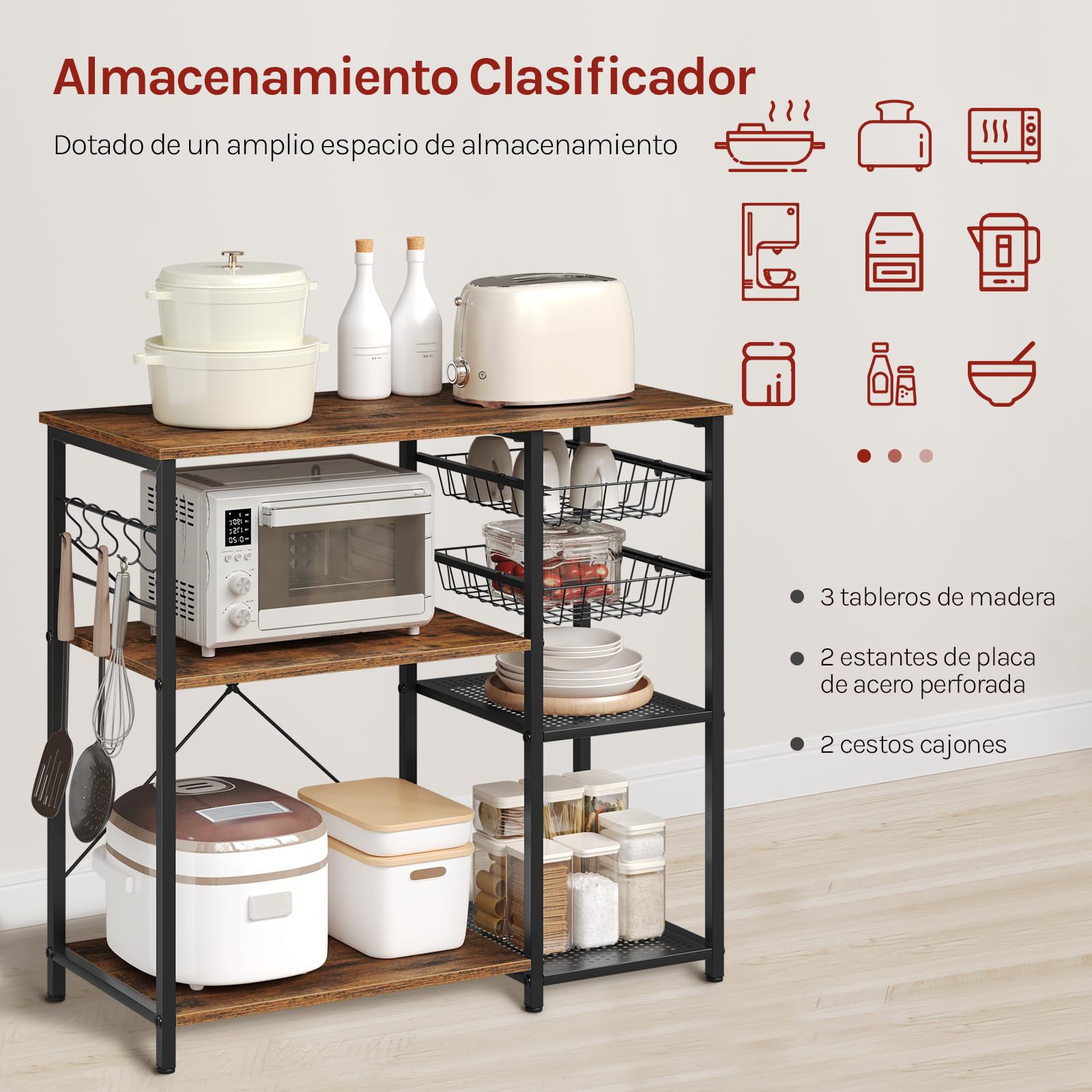 WOLTU Estanteria Almacenaje con 2 Cestas y 2 Estantes de Malla Metálica, Estantes de Soportede para Microondas con 5 Ganchos, Organizador Cocina, 90 x 40 x 82 cm, Marrón Rústico+Negro