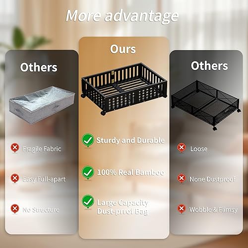 Miniatura 4 de Almacenamiento de bambú debajo de la cama con ruedas (paquete de 2)  Caja organizadora de zapatos con ruedas para zapatos, mantas, juguetes,