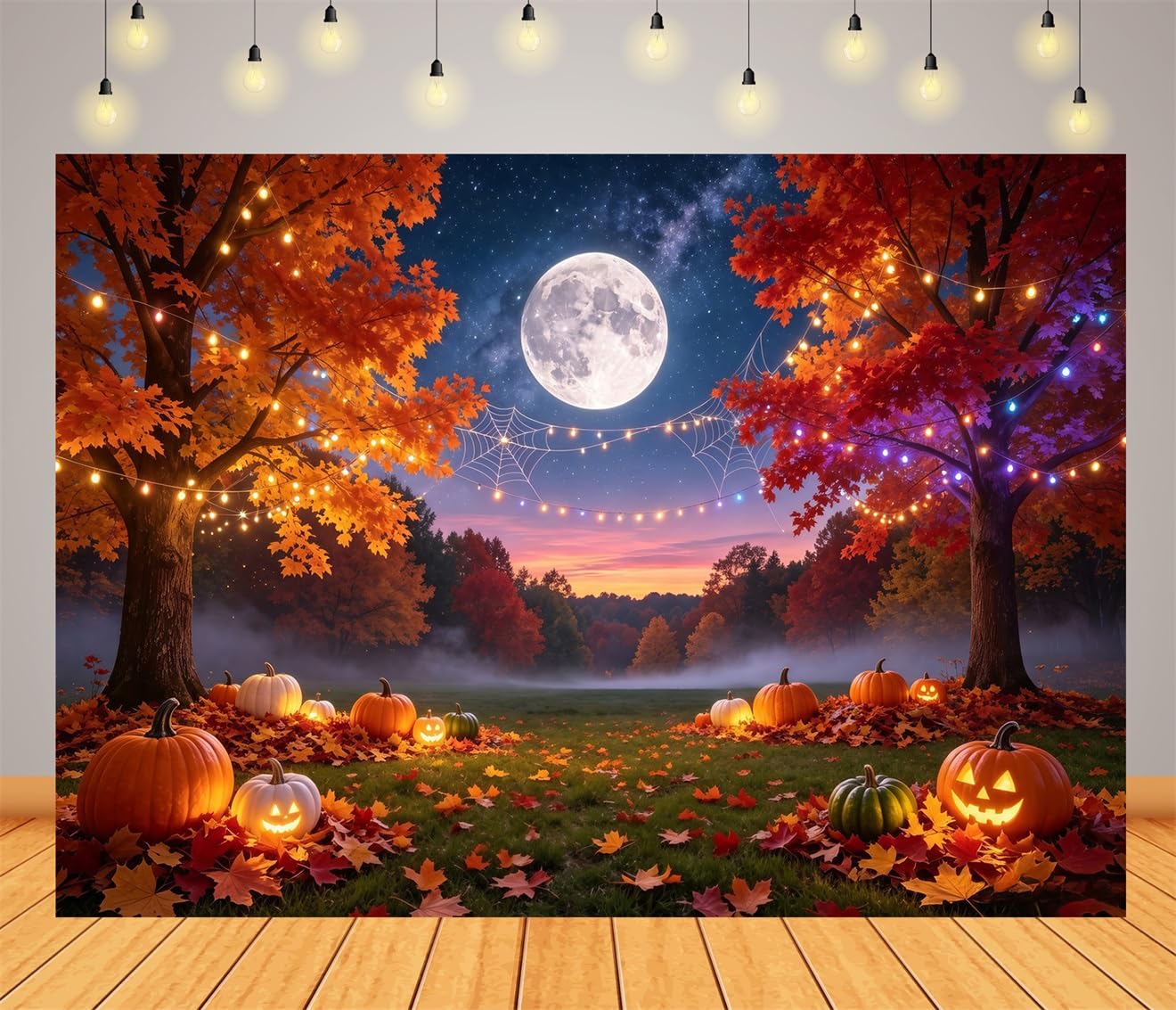 12x8FT (3.6x2.5m) Parco Autunnale Al Chiar Di Luna Sfondo Fotografico | Vista Halloween Tra Due Alberi Fondale In Tessuto,Luna Piena Lampadine,Per Feste Halloween E Foto In Costume,Photo Booth