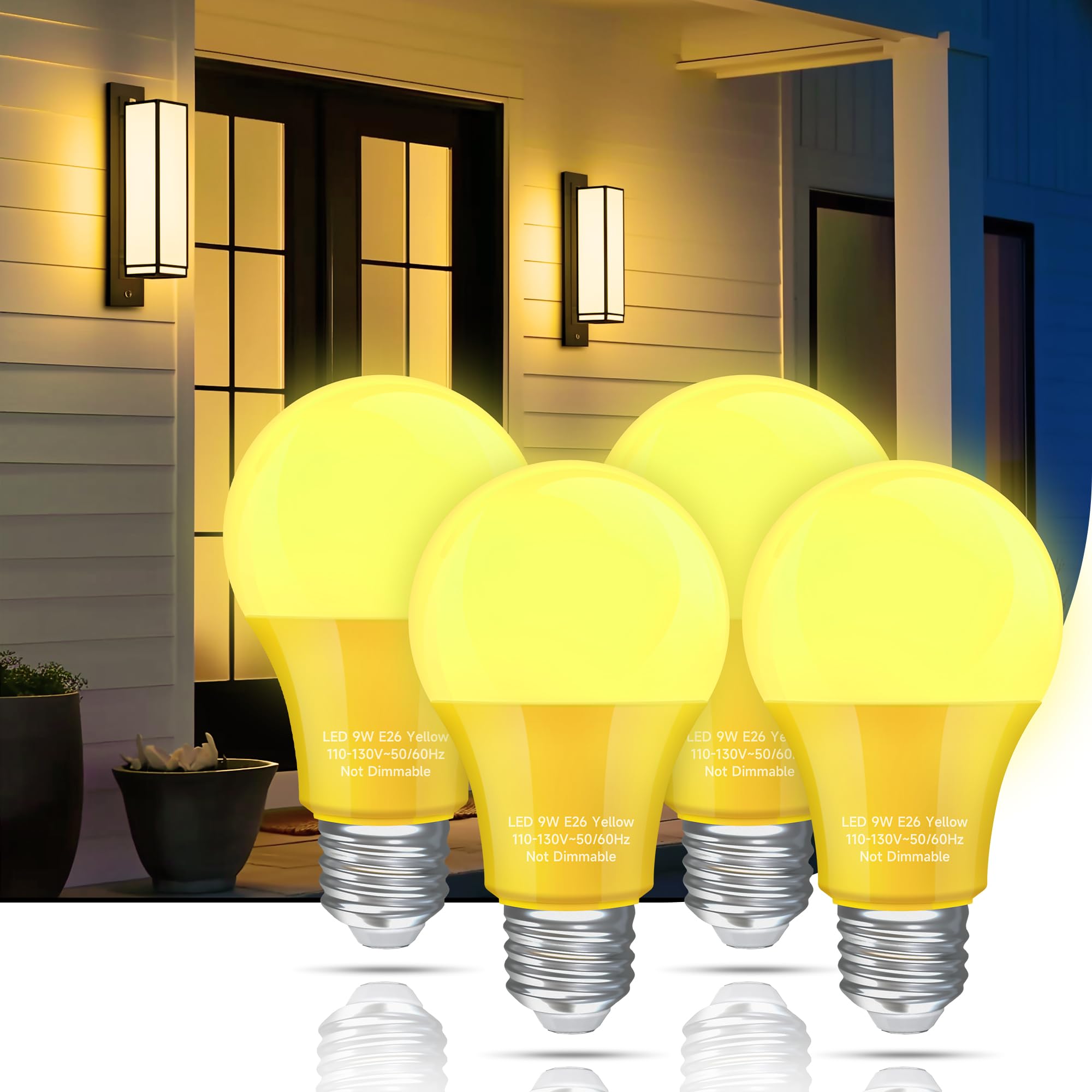 Yellow Bug Light Bulbs Outdoor, A19 LED Lights 9W, (60W to 100W Equivalent), Amber Yellow, Not-dimmable, E26 Base Bulb for Outside, Nursery, Sleep, Porch Garage, 4 Pack