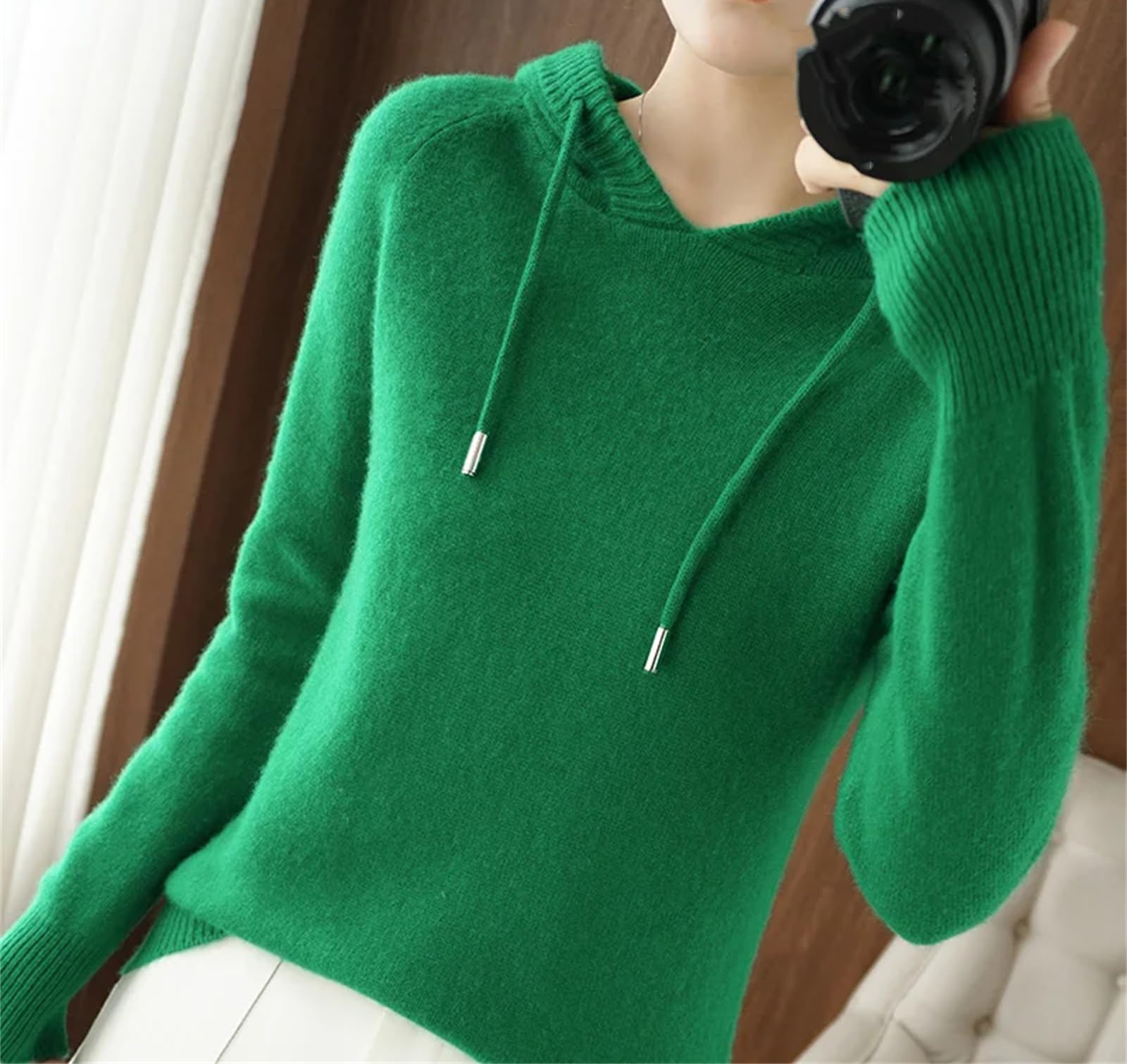 Yeuyyben Maglione invernale con cappuccio da donna maglione in cashmere con cappuccio caldo allentato maglione in cashmere con cappuccio da donna, Marrone Dorato Grigio, L