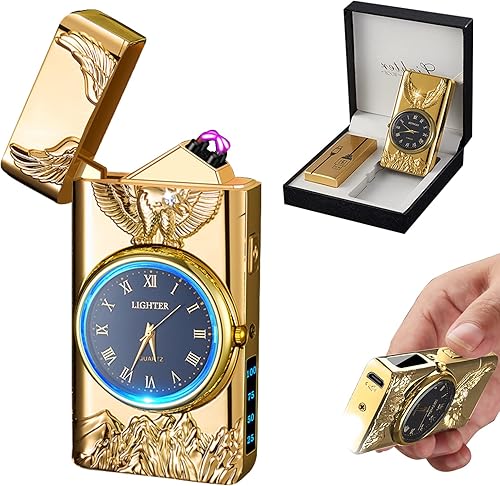 Faro de reloj, encendedor eléctrico, encendedor de plasma de doble arco, encendedor USB recargable con pantalla de batería, encendedor fresco con