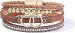 Boho Wrap Bracelets Leather Cuff Bangle Gold Beaded Bracelets for Women Stackable Infinity Bracelets Jewelry with Magnetic Clasp