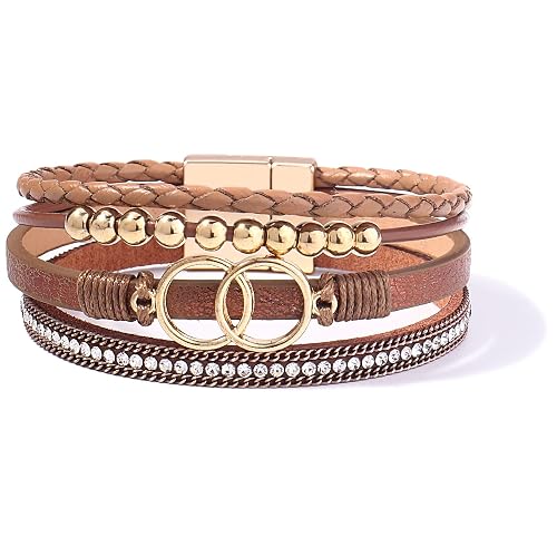 FANCY SHINY Boho Wrap Bracelets Leather Cuff Bangle Beaded Bracelets for Women Stackable Infinity Bracelets Jewelry Gift Mom with Magnetic Clasp - Brown