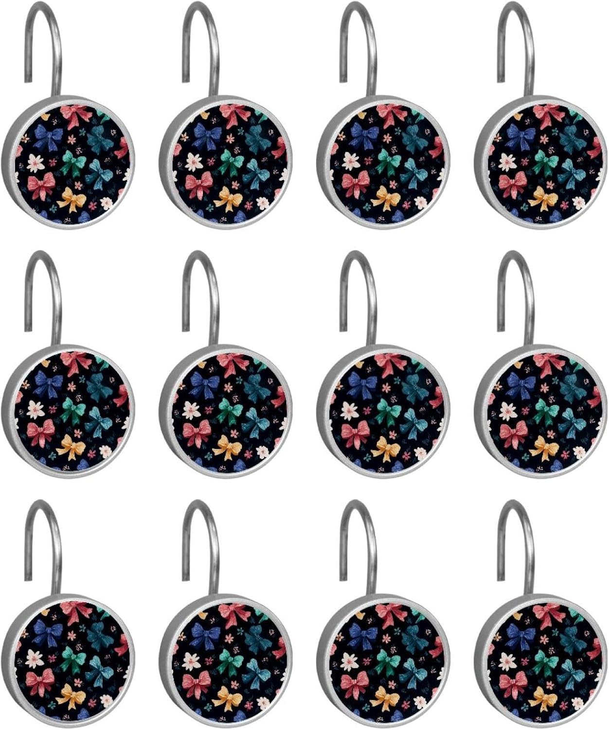 Bows and Flowers (1) Shower Curtain Hooks, Rust Resistant Crystal Glass Shower Hooks for Bathroom, Glide Shower Rings for Shower Curtain,Liner,Rod-12 Pack