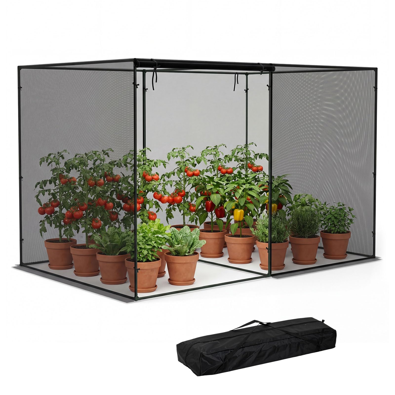 HOMASIS Pflanzenschutzzelt, Insektenschutznetz mit Metallrahmen, Gartennetz mit Tragetasche & Rolltor, Pflanzenschutzkäfig mit Metallheringen, Pflanzenzelt für Garten & Terrasse, 310x200x200cm