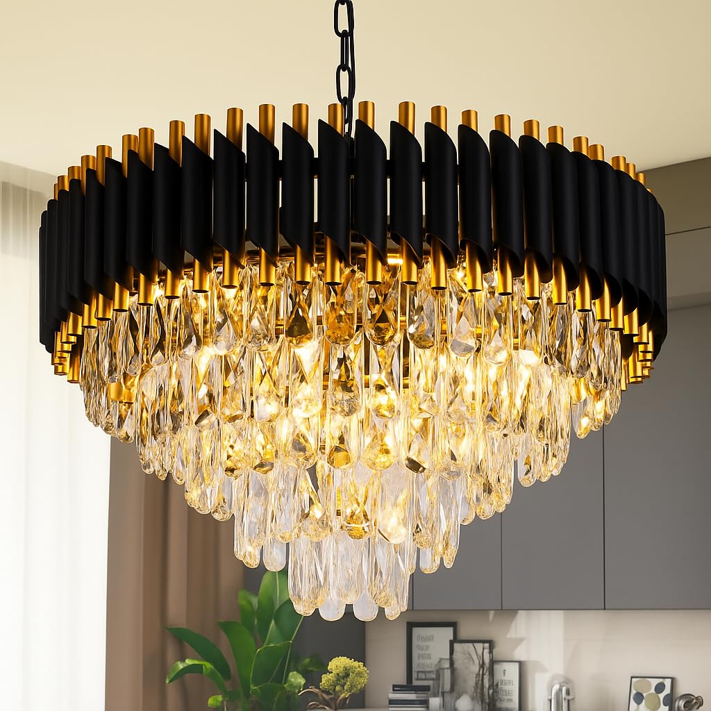 ADWAIT Modern K9 Crystal Chandeliers Gold -5Tier Round Crystal Chandelier for Living Room Colors.Warm White, Moon Light,Golden,Led Plate Included. (Round Black Gold, 600MM)