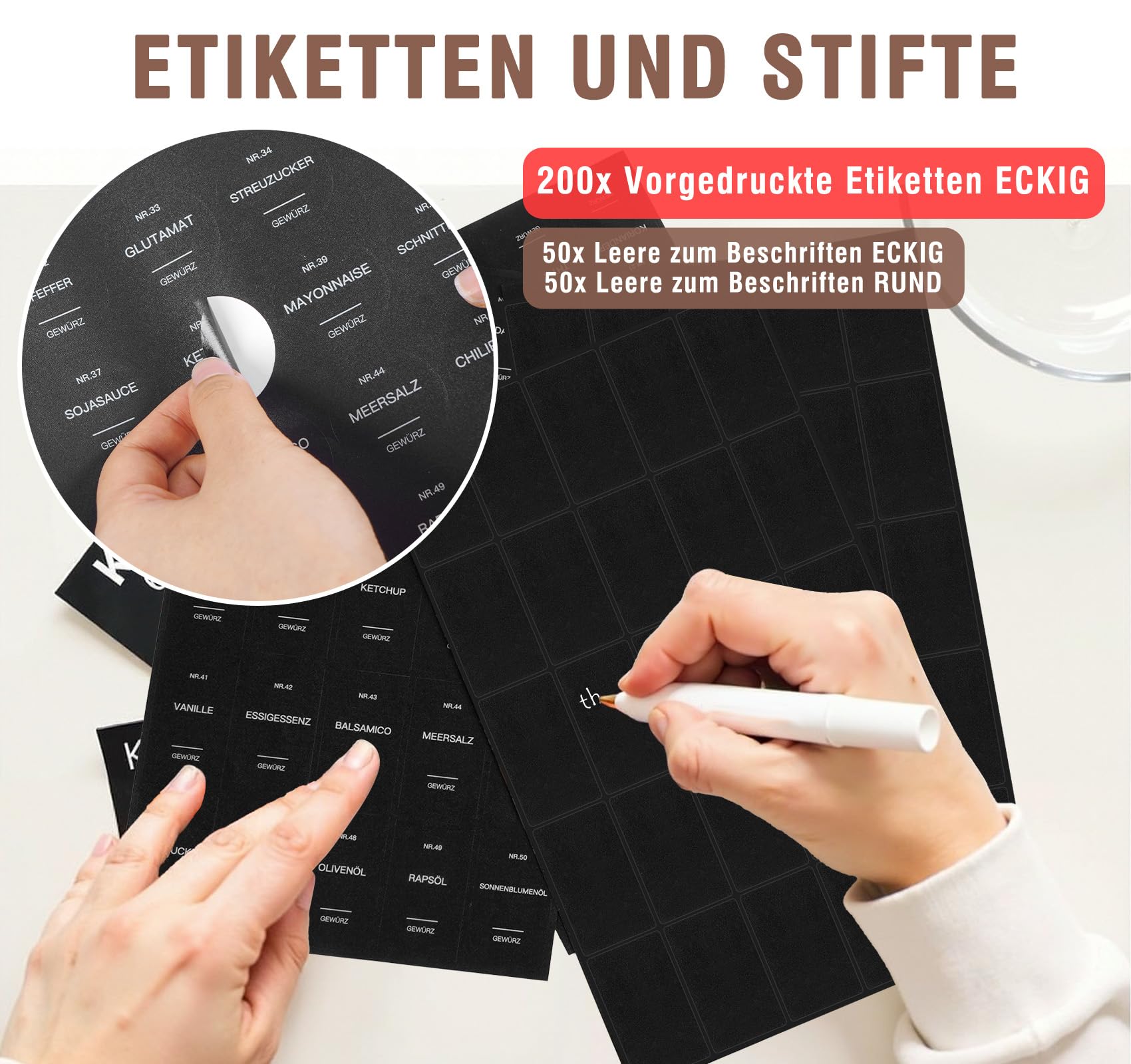 72er Set Eckige Gewürzgläser 120ml mit 18er Gewürzregal Schublade Einsatz für Ordnung in der Gewürzschublade, Gewürzdosen mit Luftdichte Edelstahl Deckel, inkl. 900 Etiketten & Zubehör