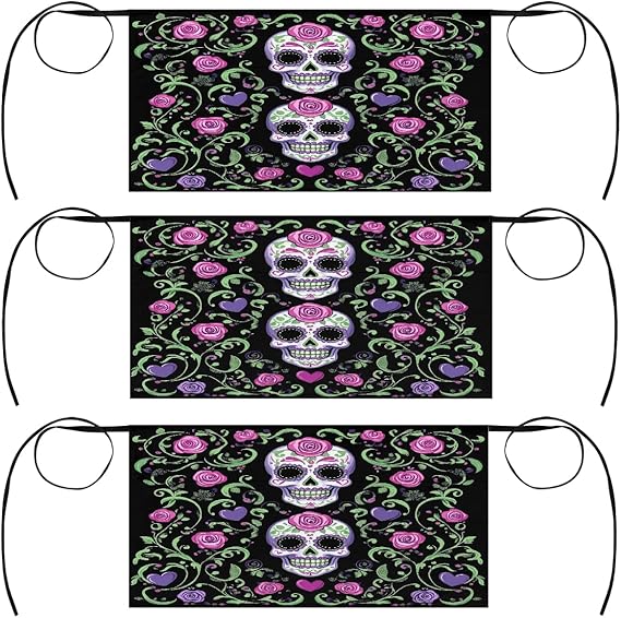 3 Pack Server Apron Sugar Skull Day Of The Dead Flowers Waitress Aprons with 3 Pockets Oil Stain Resistant Short Waiter Waist Aprons for Women Men Restaurant Cafes Bars Home